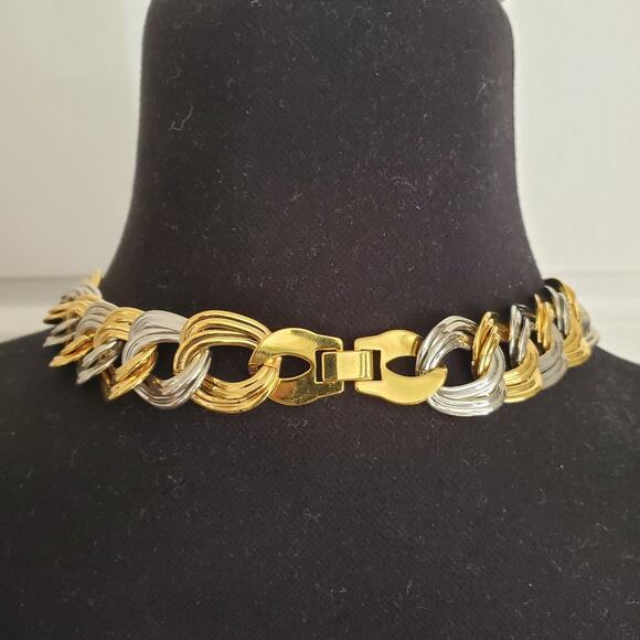 Gold & Silver Tone Necklace Bracelet Set Chunky Chain Polished Mixed Metal Retro - Picture 4 of 9